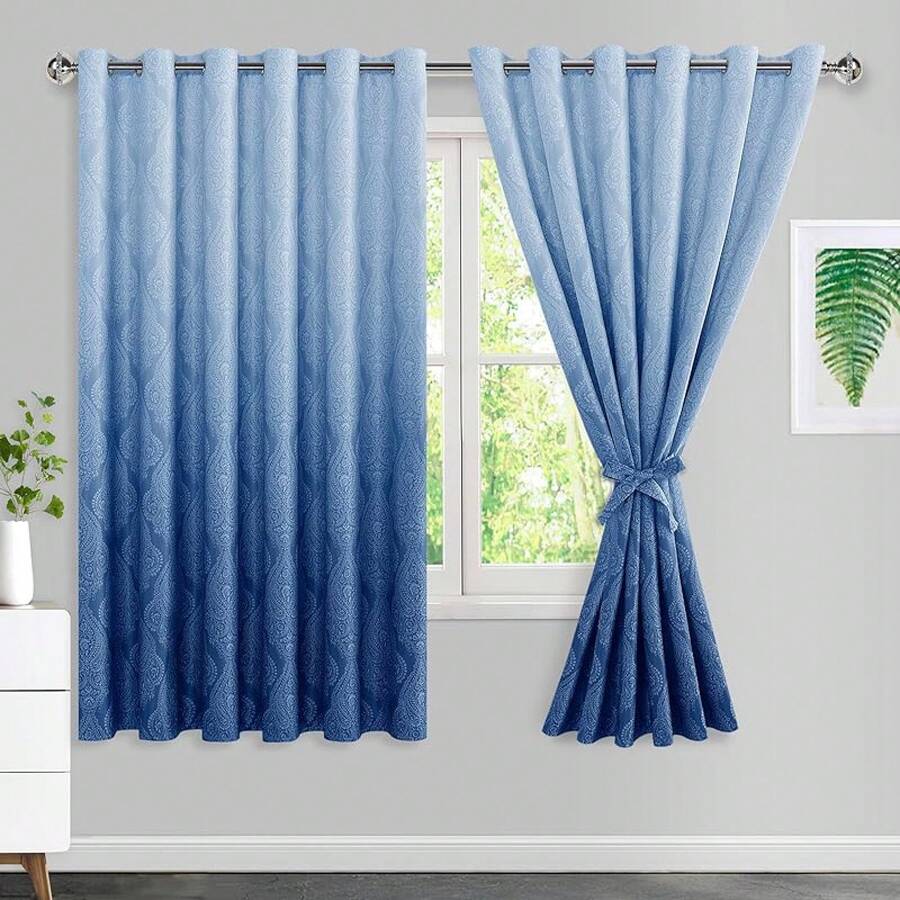 Blackout Curtains - ستائر أومبري زرقاء بنمط دمشقي معتمة